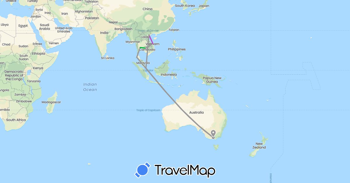 TravelMap itinerary: bus, plane, train in Australia, Cambodia, Singapore, Thailand, Vietnam (Asia, Oceania)